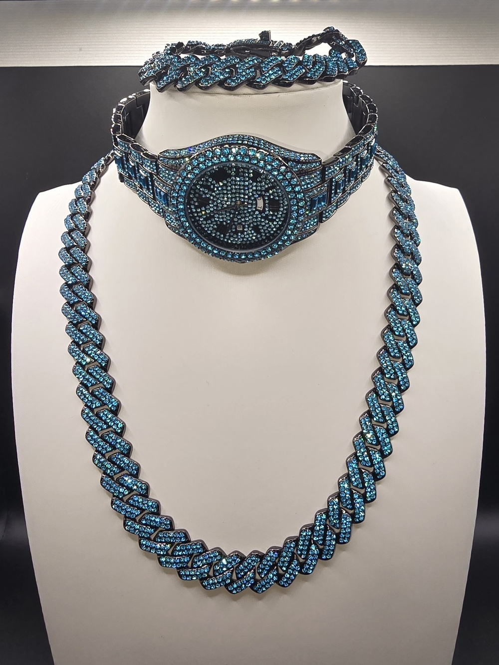 Men's Turquoise Crystal Cuban Link Necklace and Watch Set